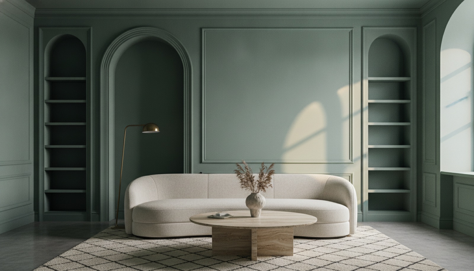 Living room with walls in a smoky jade green like Behr Hidden Gem, the 2026 Color of the Year