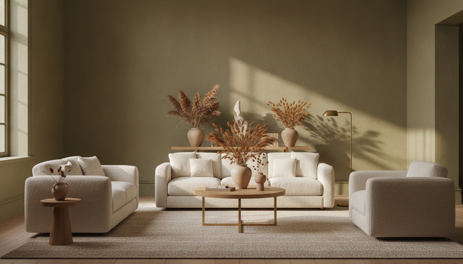 Living room with walls in an earthy olive green like Behr Grounded, the 2027 Color of the Year