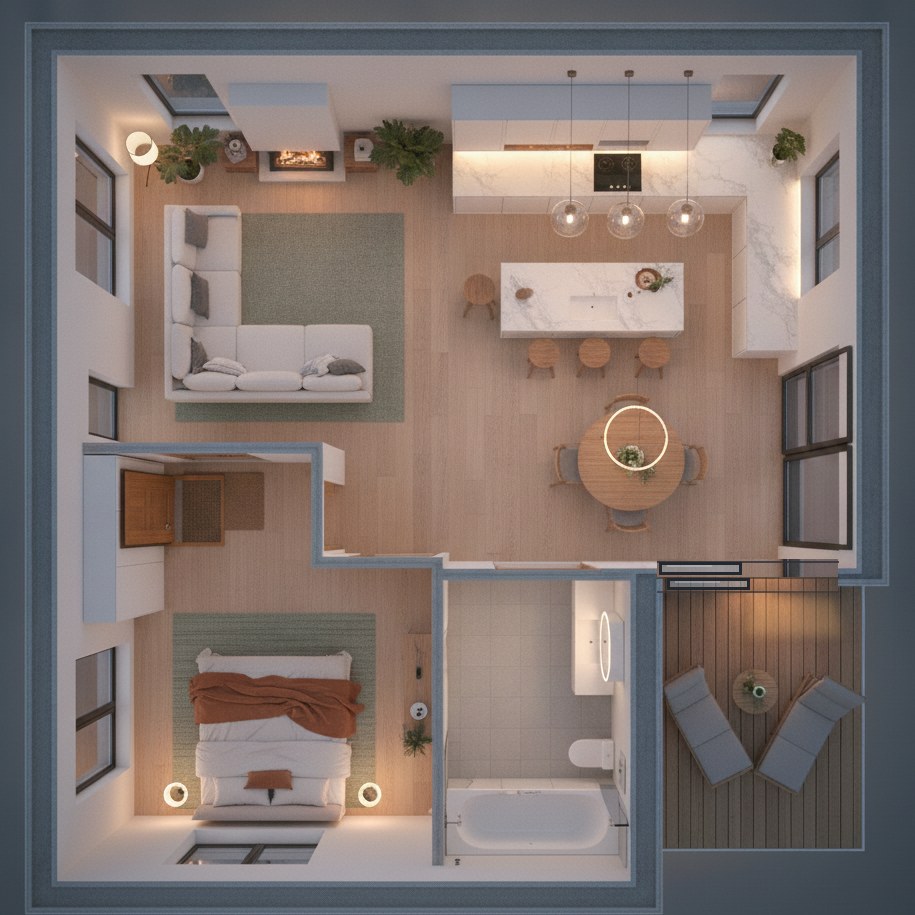 3D top-down evening view of a furnished square single-story home with glowing lamps, a marble kitchen, and a deck patio