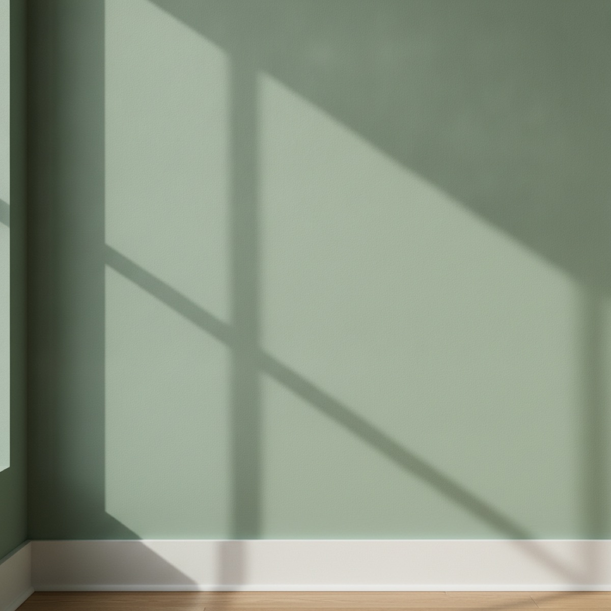 Sage green wall in eggshell finish under raking window light