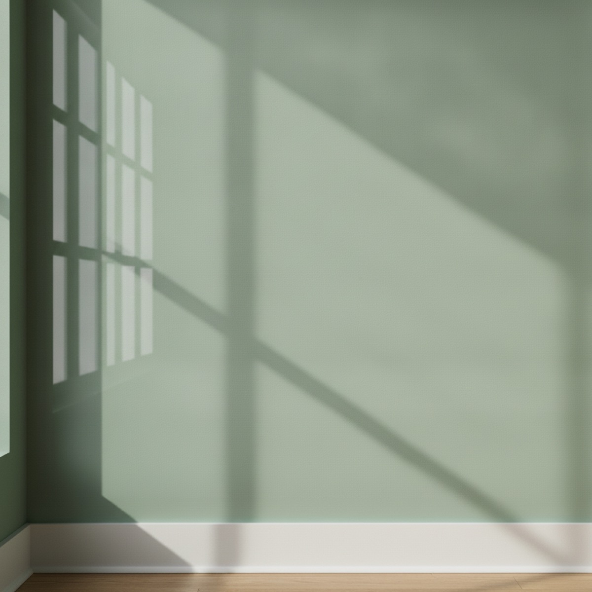 Sage green wall in satin finish under raking window light