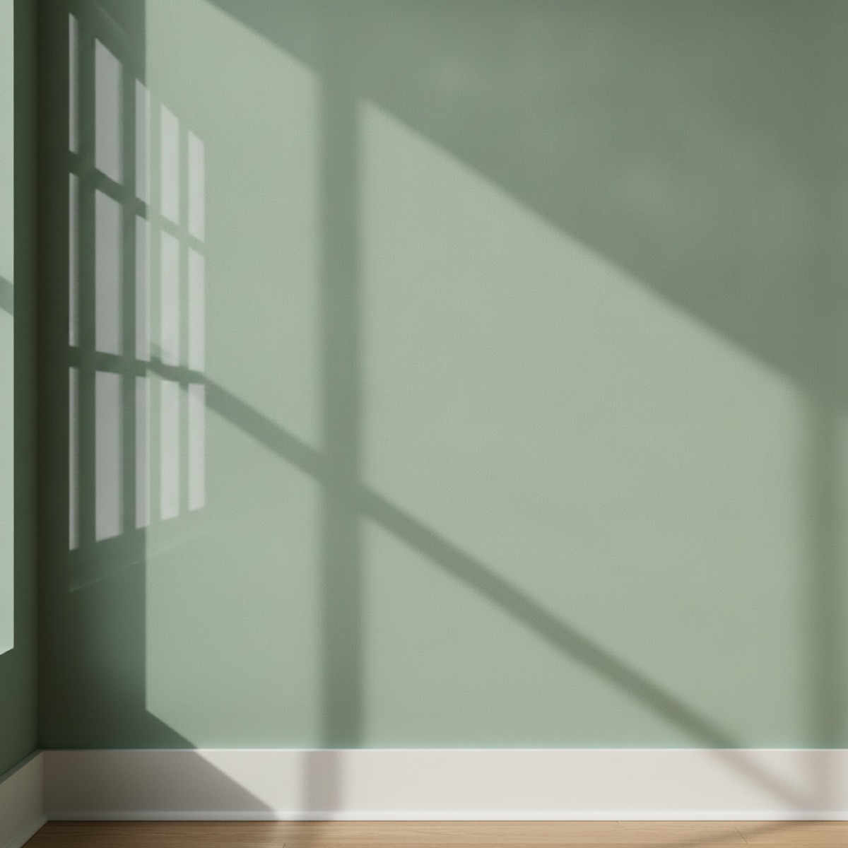Sage green wall in semi-gloss finish under raking window light