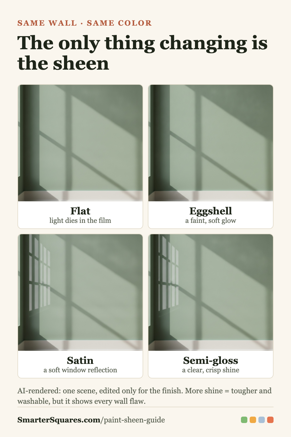 Same wall, four sheens — pinnable card